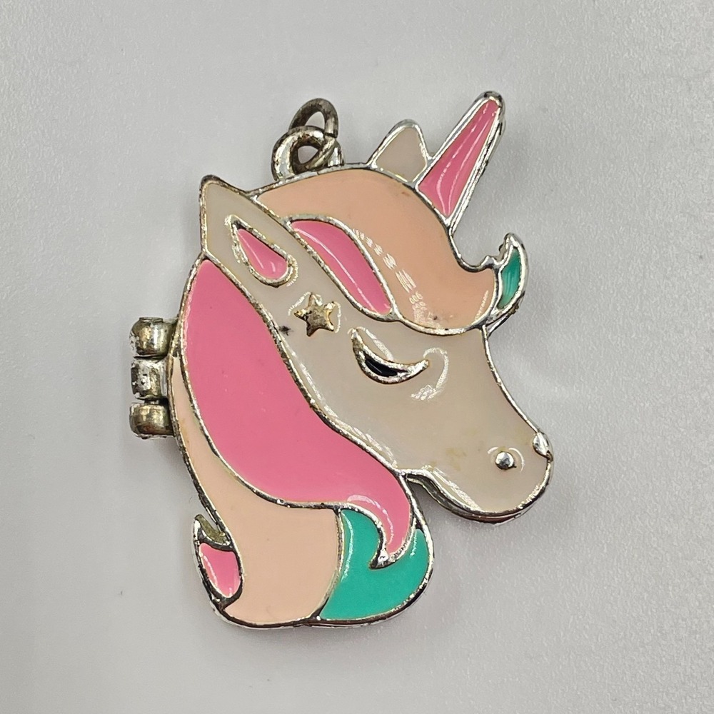 Vintage Y2K Pastel Pink Enamel Unicorn Magnetic Locket Pendant Charm Silver Tone